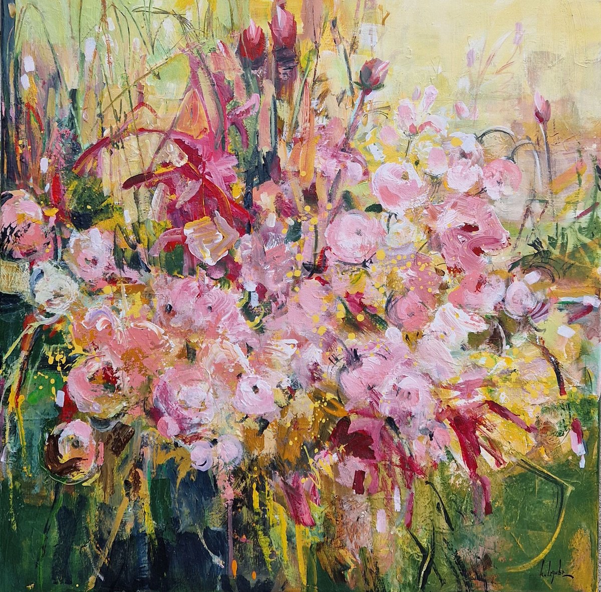 Impressionistic Botanical Acrylic Painting By Irina Laube, 31 X 31, Impressions Of The Summer Ii, Original Artwork
