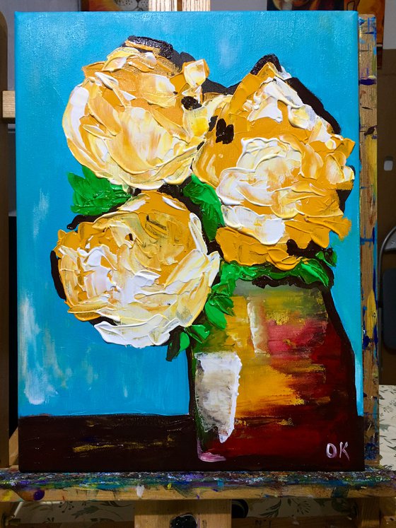 ABSTRACT BOUQUET OF Yellow Roses  #17 ( NAIVE COLLECTION)  palette   knife Original Acrylic painting office home decor gift