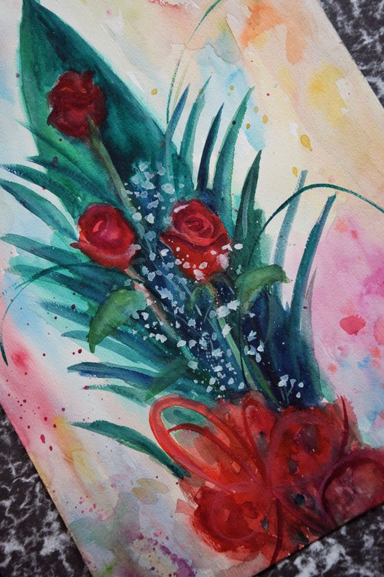 Flowers watercolor painting Roses wedding bouquet