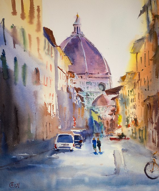 Florence in sunset light. Light and shadow with Duomo and city view. Medium format watercolor urban landscape italy toscana bright architecture travel