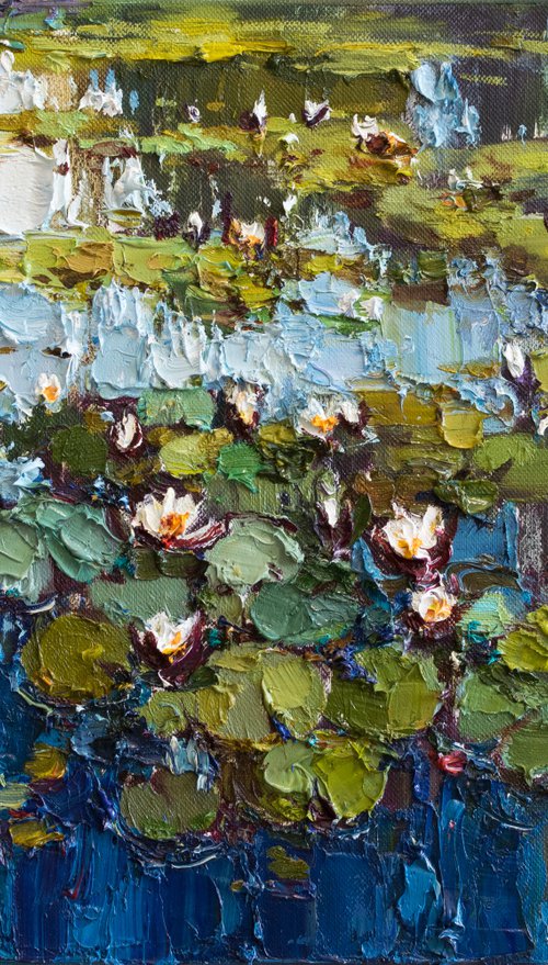White Water Lilies - Pond flowers  Impasto Original Oil painting by Anastasiia Valiulina