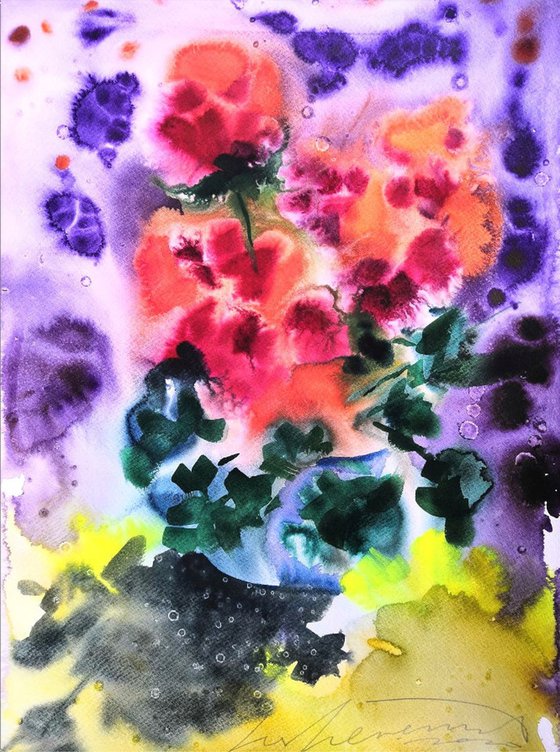 Expressive Watercolor Floral Painting Red Flowers Loose Semi Abstract Watercolor