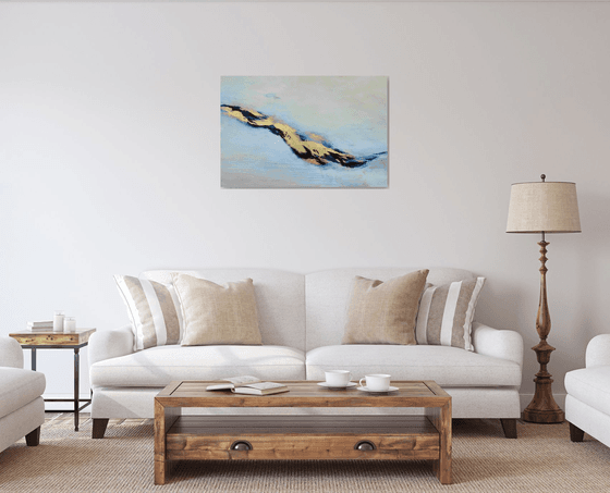 Large Contemporary Abstract Acrylic Painting #810-30. Blue, white, gold.
