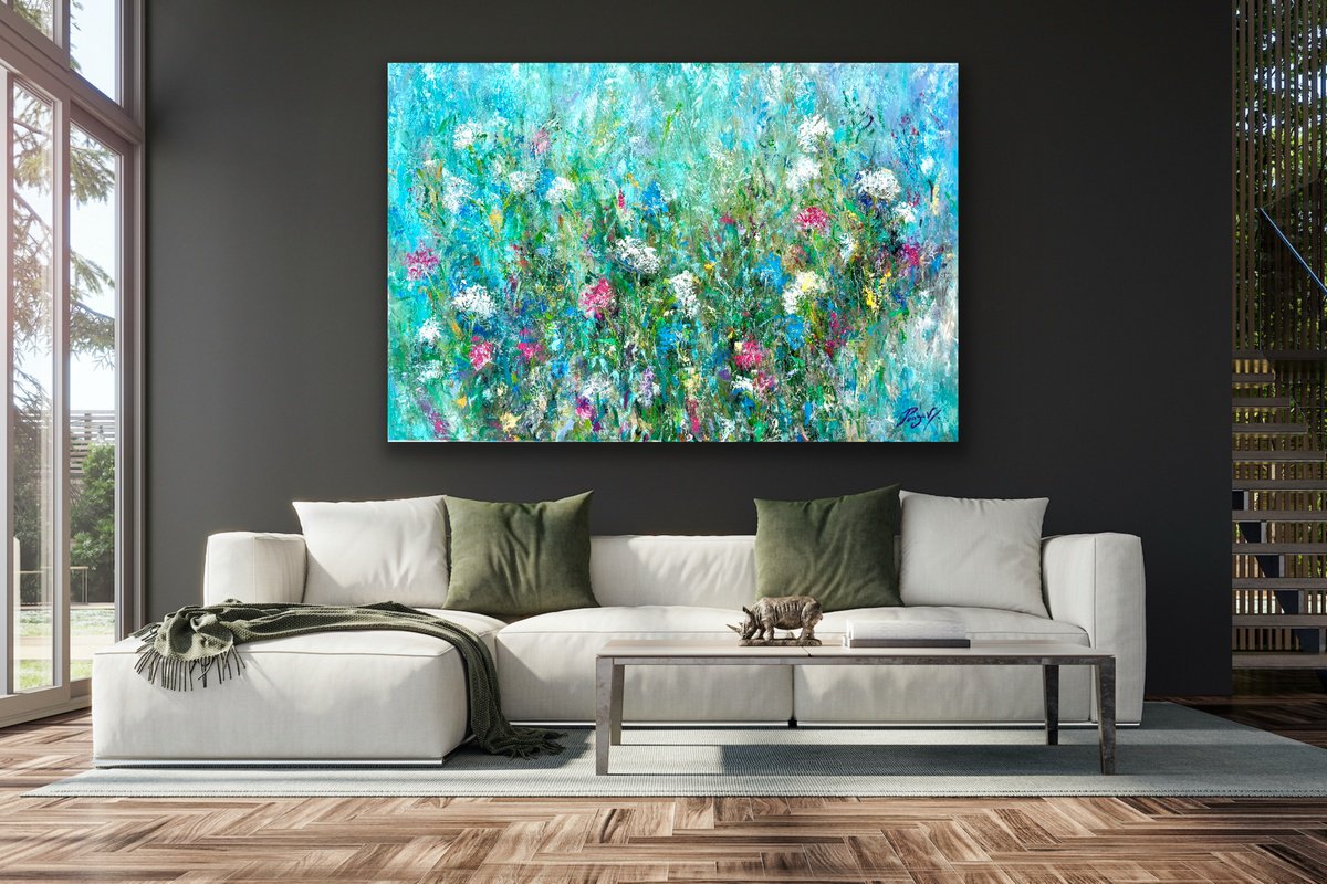 Impressionistic Abstract Acrylic Painting By Pooja Verma, 59 X 39", My Dreams Are Made Of Flowers, Original Artwork