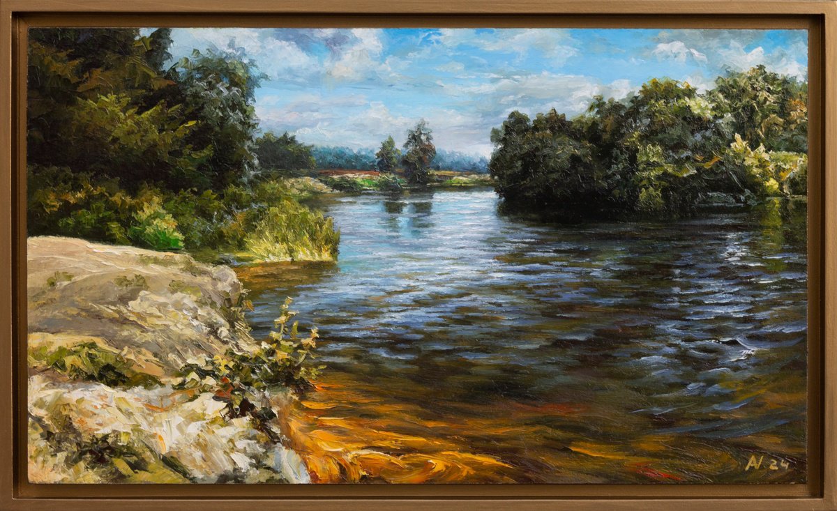 Impressionistic Landscape Oil Painting By Oleksii Vylusk, 25 X 15", Turn Of River 06, Original Artwork
