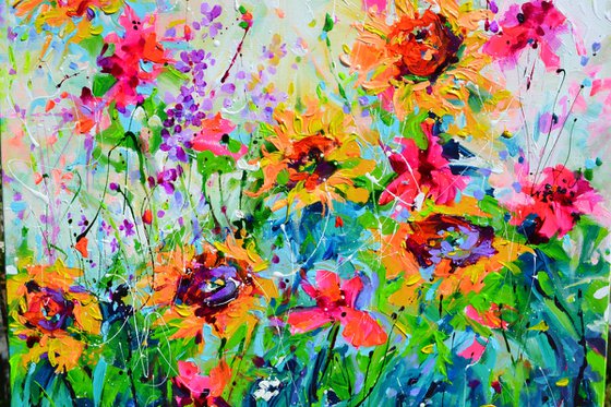 Vibrant Sunflowers and Poppies Landscape