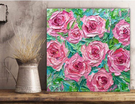 Pink Roses - Heavy Impasto Floral Painting, Palette Knife Art