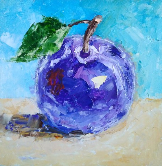 Plum Painting Fruit Original Art Berries Still Life Wall Art Small Oil Artwork