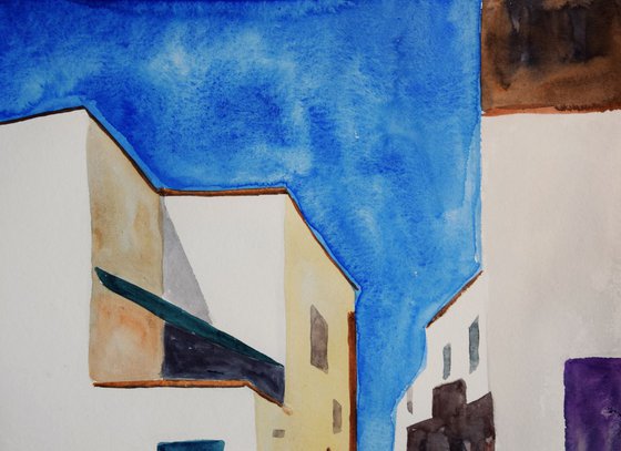 Original watercolor painting Summer sea town in Italy, Marettimo Island