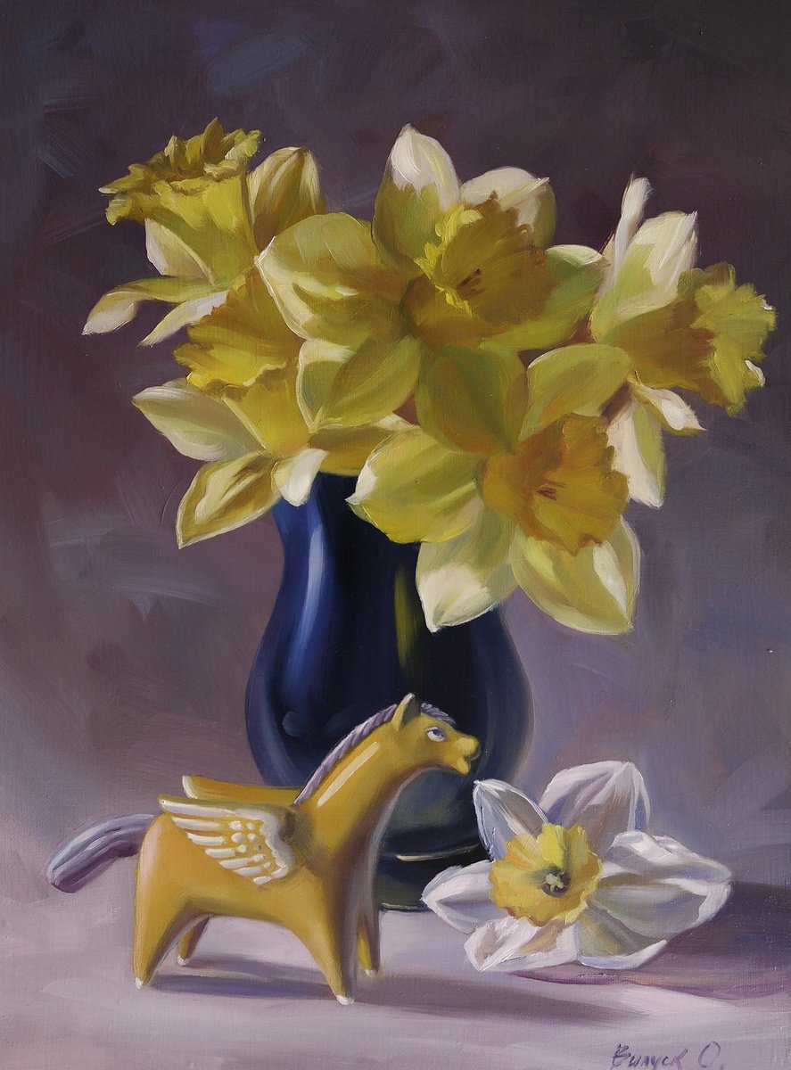Yellow Pegasus And Flowers By Lena Vylusk, 12 X 16, Artwork For Sale On Artfinder