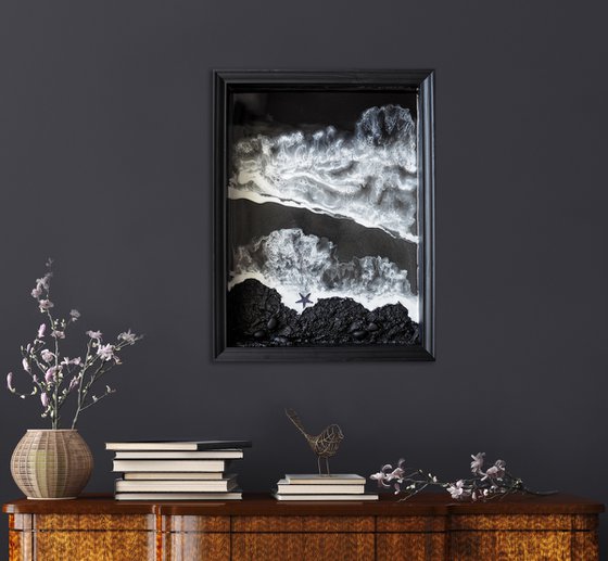 Black and white voluminous beach - original resin seascape artwork, 3d and framed