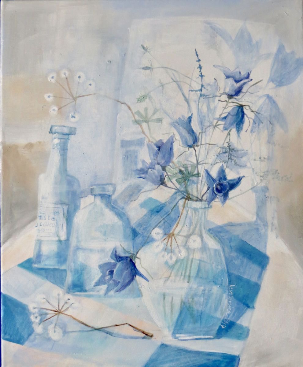 Illustrative Botanical Acrylic Painting By Alexandra Krasuska, 15 X 18, Blue Things, Original Artwork