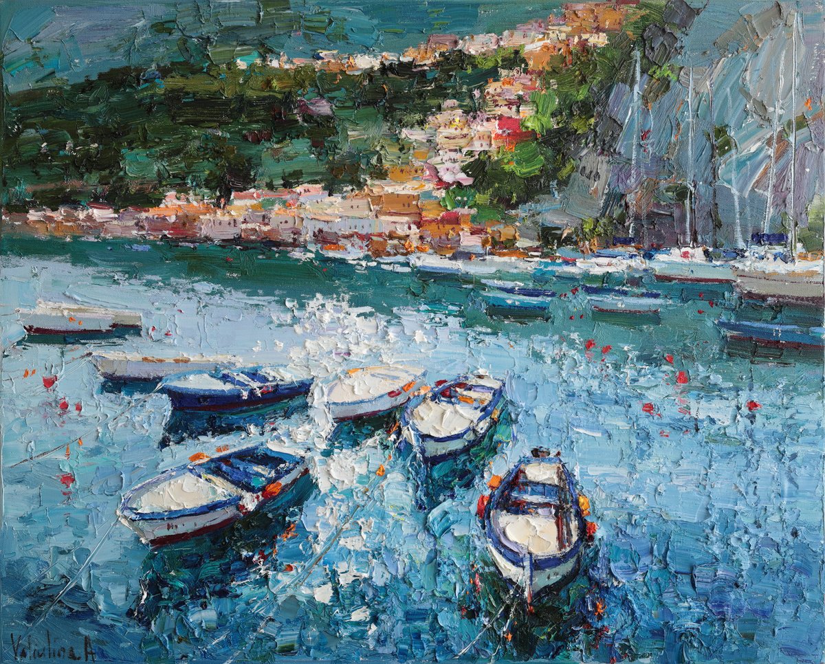 Impressionistic Landscape Oil Painting By Anastasiia Valiulina, 30 X 24, Boats In The Bay, Original Artwork