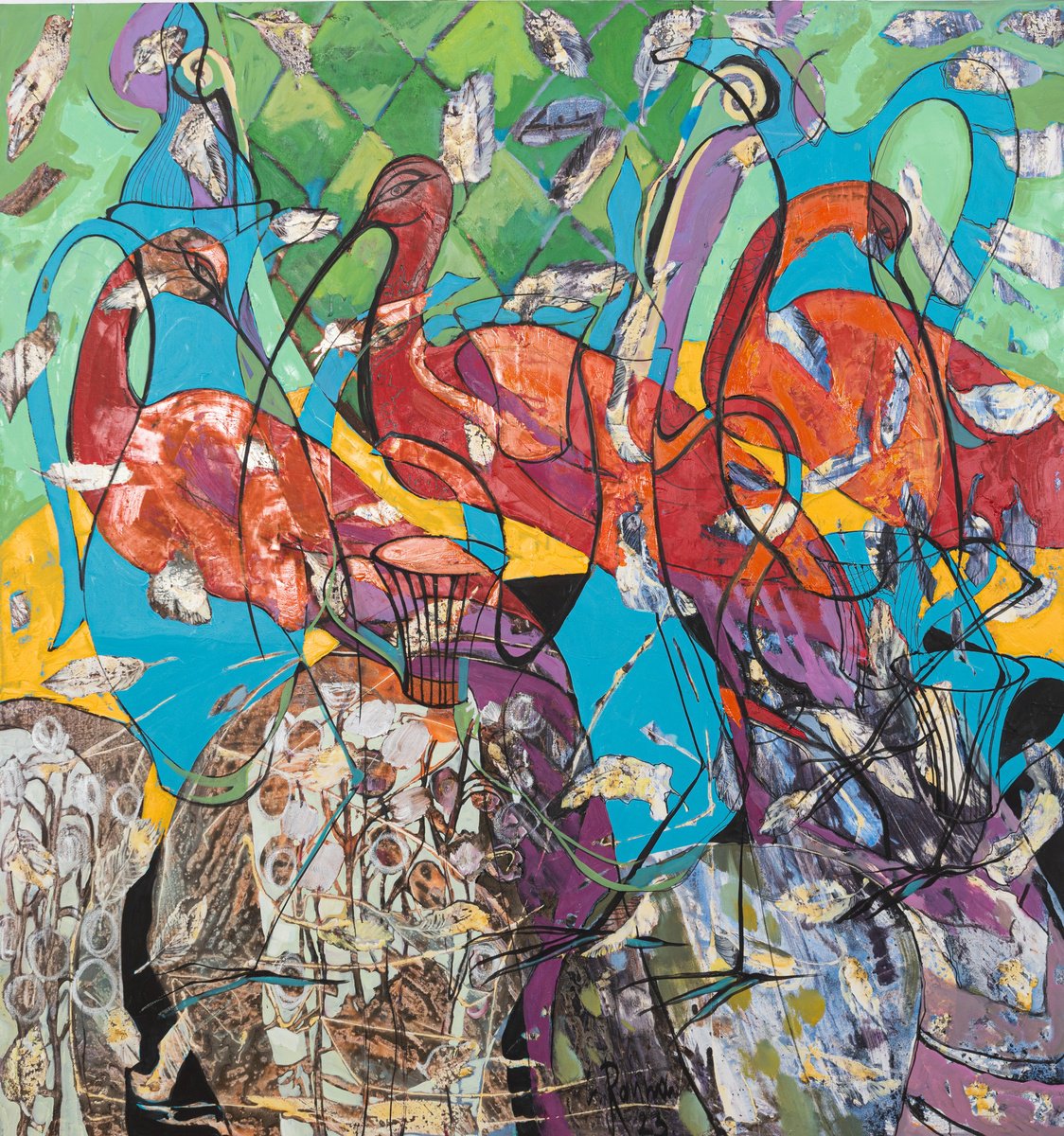 Organic Animal Oil Painting By Yelena Ralina, 59 X 63", Romantic Garden, Original Artwork