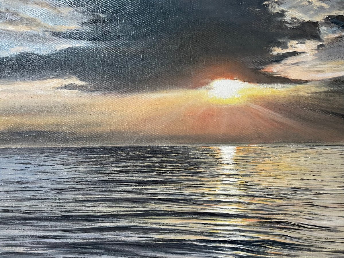 Photorealistic Landscape Oil Painting By Aflatun Israilov, 16 X 12, Ocean Sunset 2023, Original Artwork