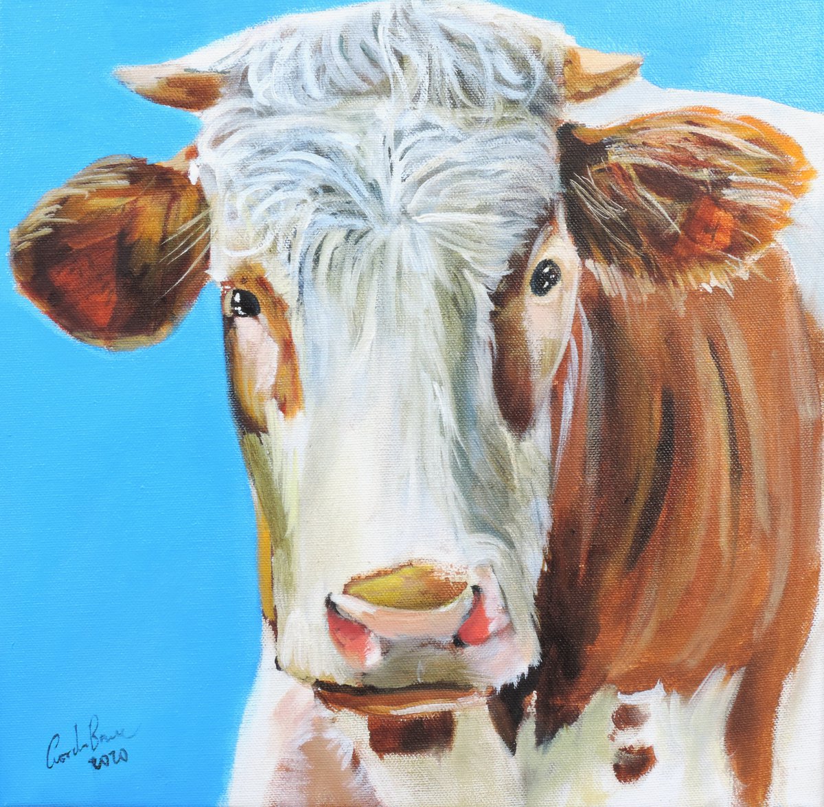 Cow painting a portrait in blue by Gordon Bruce | Artfinder