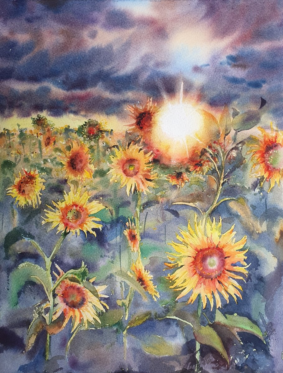 Impressionistic Landscape Watercolour By Sonata Art, 17 X 20", Yellow Sunflowers Field, Original Artwork