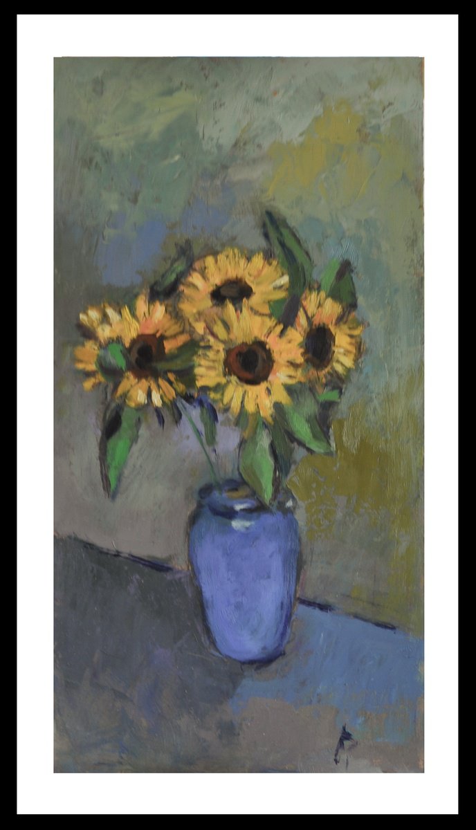 Impressionistic Botanical Oil Painting By Andre Pallat, 17 X 29, Sunflowers In Blue Jug, Original Artwork