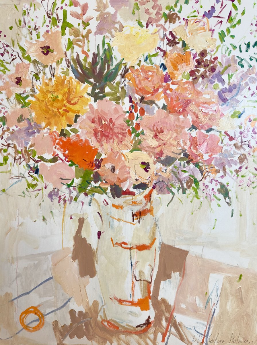 Impressionistic Botanical Oil Painting By Lilia Orlova-Holmes, 35 X 47", Warm Winter Flowers, Original Artwork