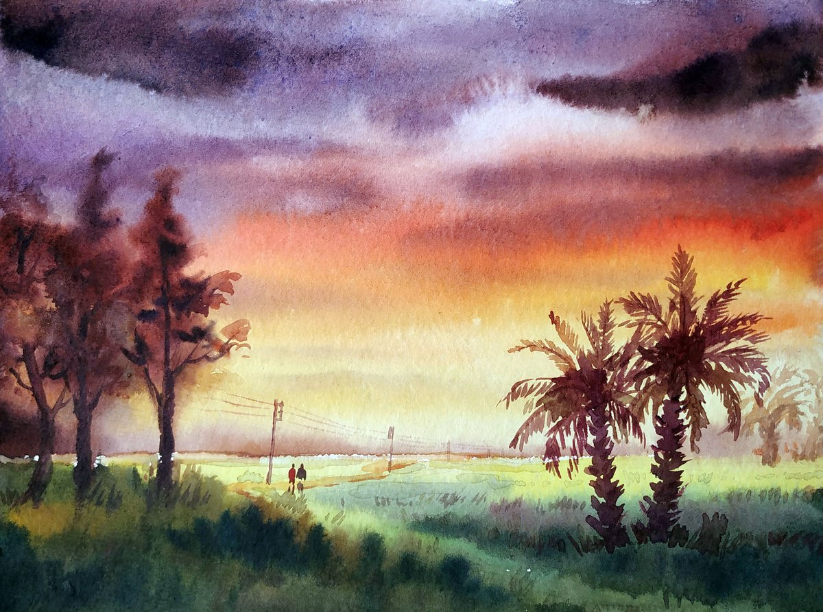 Impressionistic Landscape Watercolour By Samiran Sarkar, 7 X 5", Rural Cloudy Sunset, Original Artwork