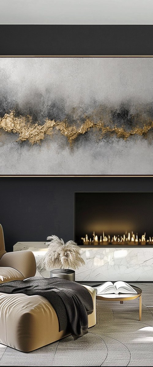 Abstract Gold Leaves in Gray Mist by Indie Ru