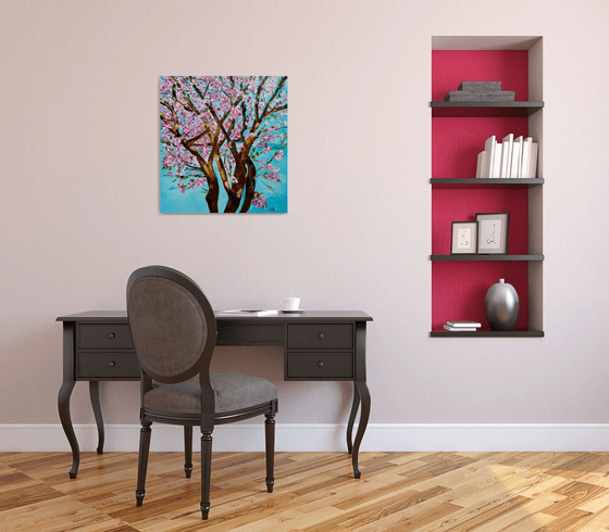 CHERRY  blossom , spring in London white, pink, turquoise 62x66cm ready to hang oil painting