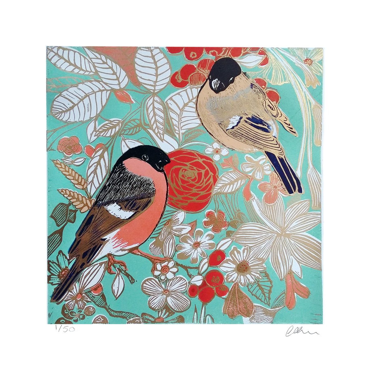 Bullfinches chinoiserie (blue / green) by Carolynne Coulson