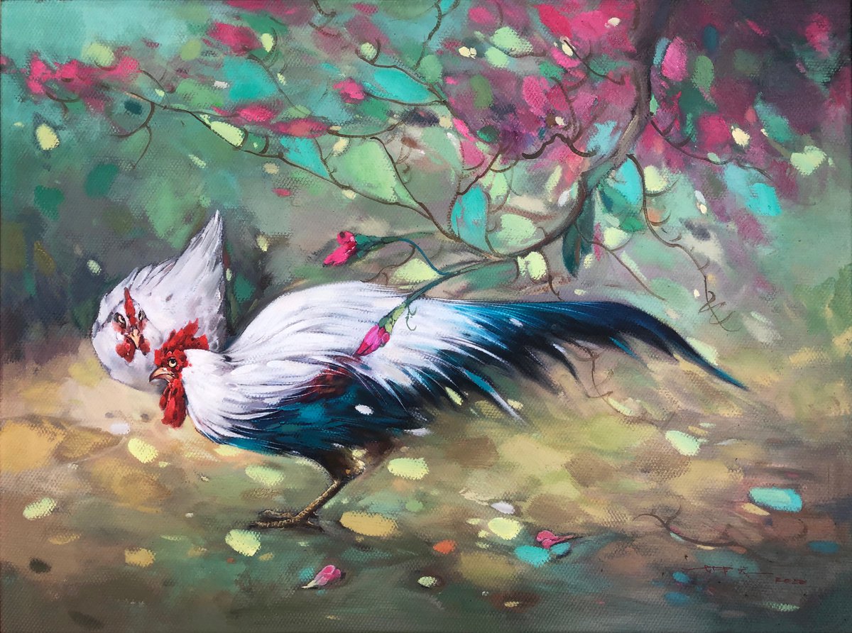 Photorealistic Animal Oil Painting By Kunlong Wang, 31 X 24", Cocks, Original Artwork