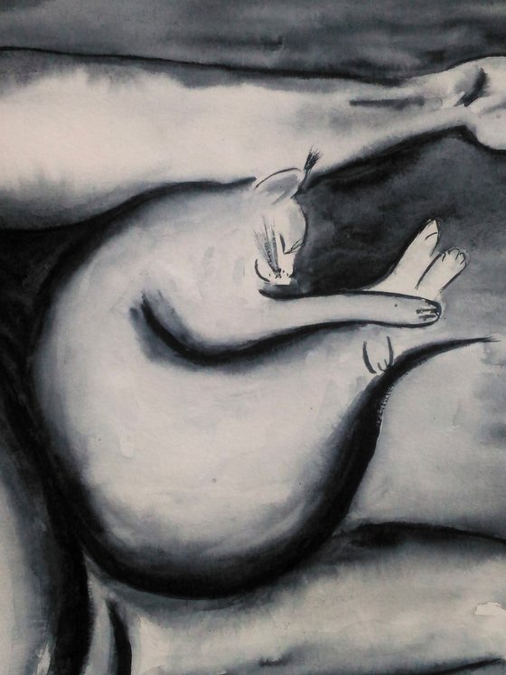 Female Nude Painting Original Art Cat Painting Woman Nude Black Monochrome Wet on Wet Watercolor Artwork Home Wall Art 17 by 12" by Halyna Kirichenko