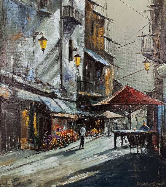 Small cafe Oil painting, 40x30cm, impressionism, ready to hang