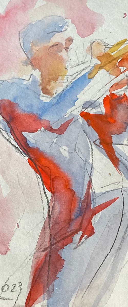 "Trumpet player" (watercolor sketch, 'Jazz by the sea' series) by Irina Bibik-Chkolian