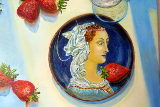 Still life with a plate, stawberries and a glass Romantic Impressionism (2020) 12x12 in. (30x30 cm)