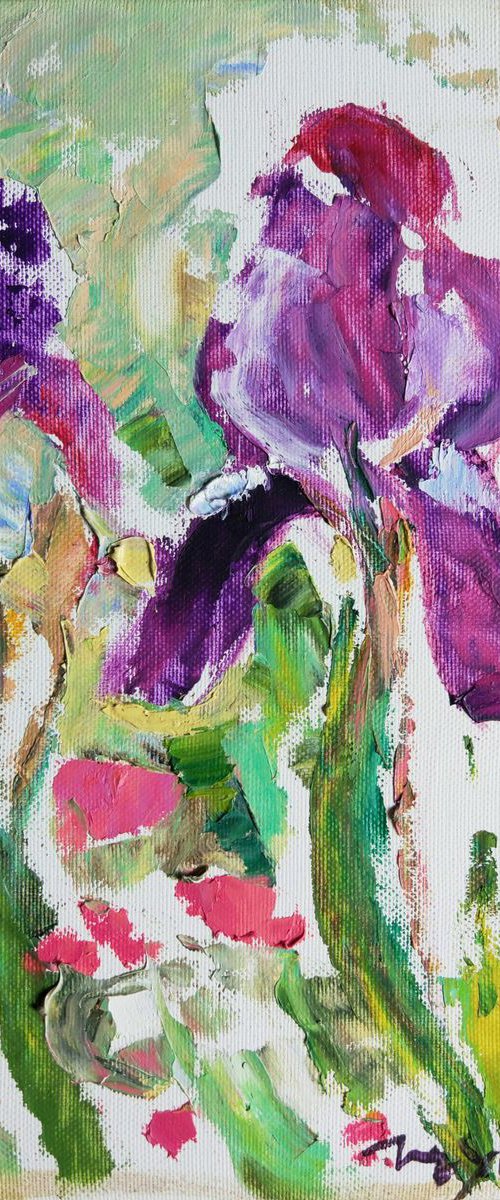 Iris flowers. In the garden. Original oil painting (2018) by Helen Shukina