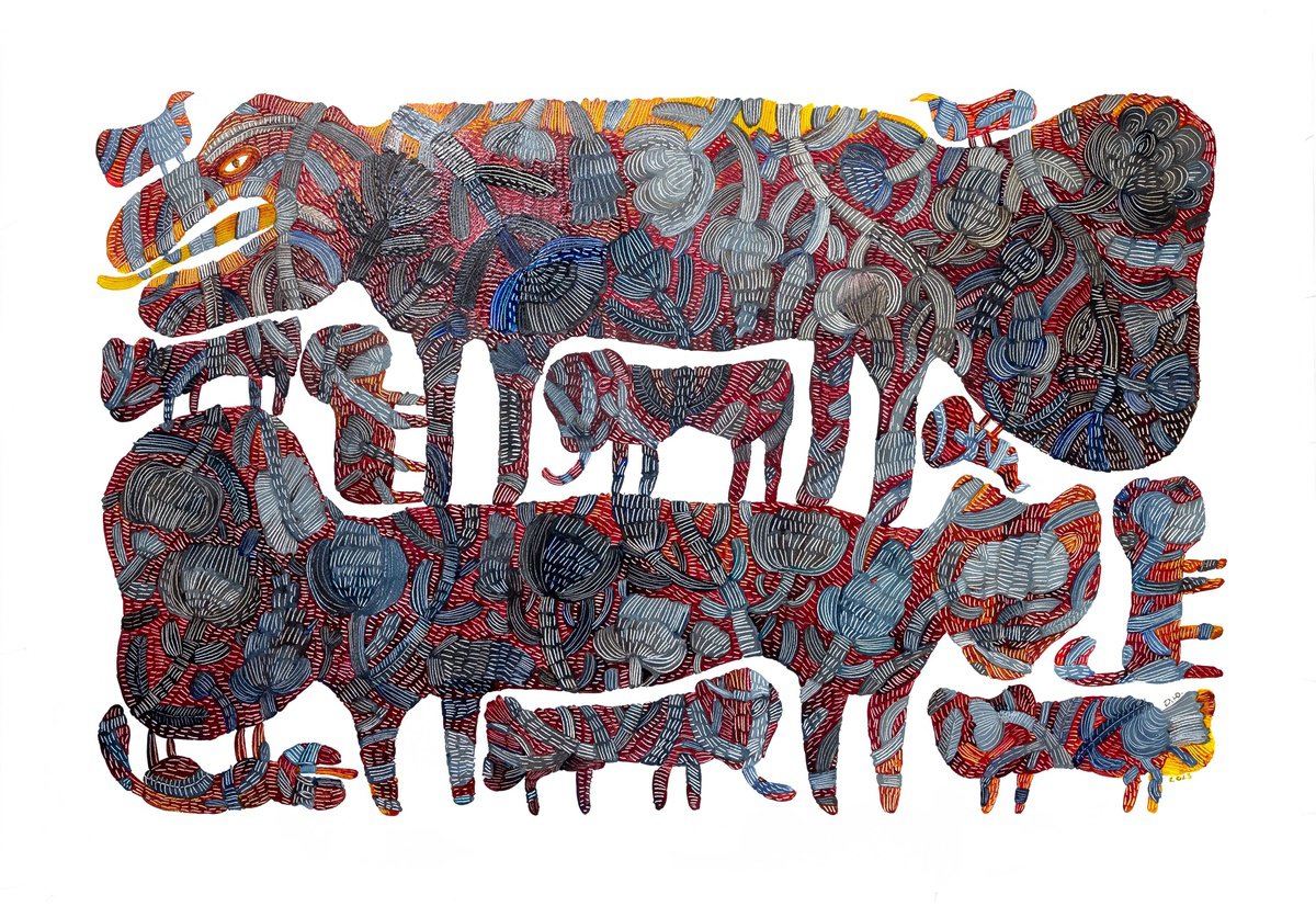 Naive Animal Watercolour By Yuliia Dunaieva, 39 X 28", Beast, Original Artwork