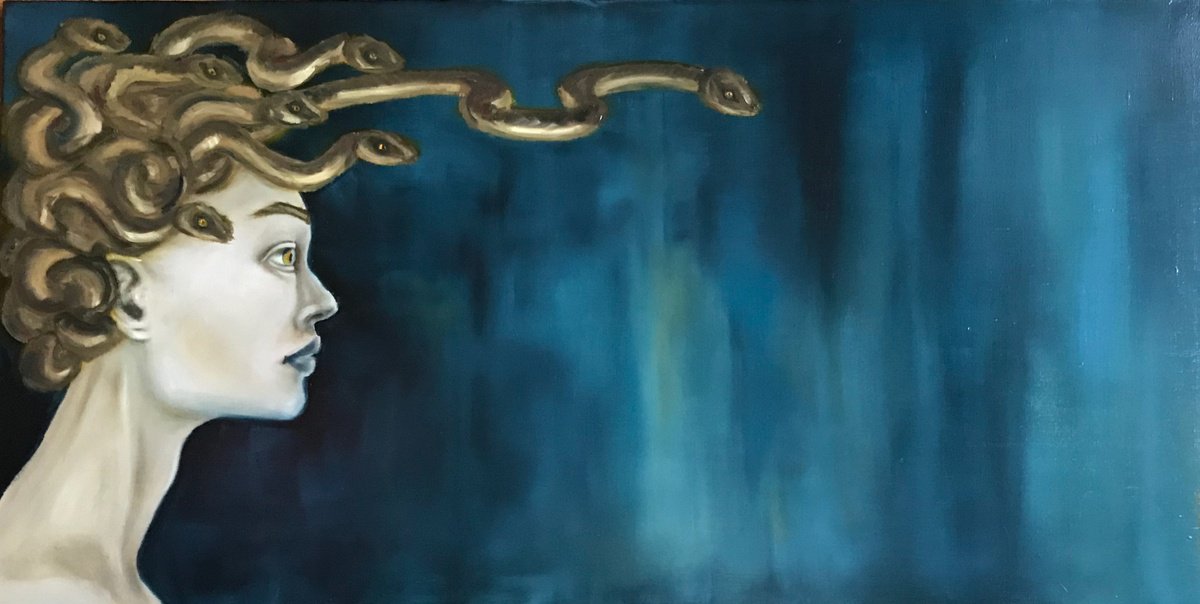 Surrealistic Portrait Oil Painting By Marina Deryagina, 39 X 20", Medusa, Original Artwork
