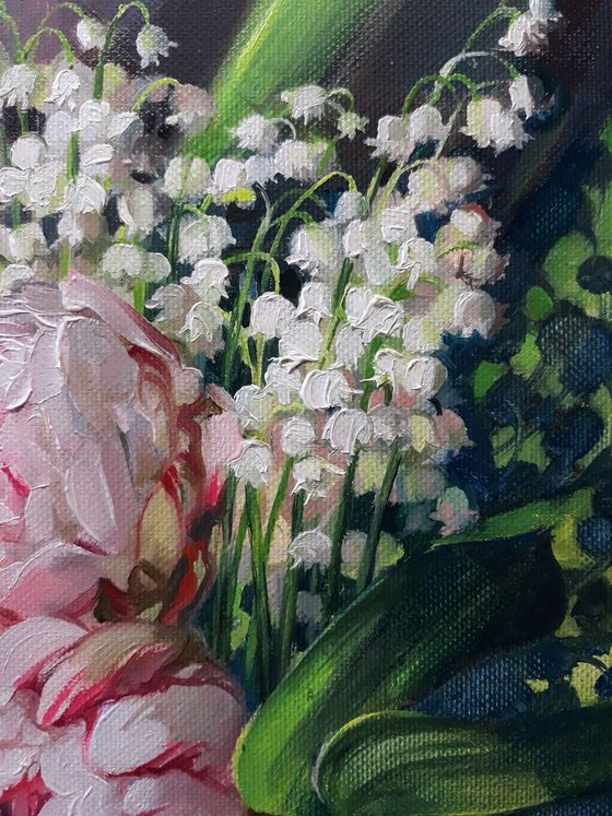 Lily of the valley and peonies flowers in the summer shine, Floral painting on canvas