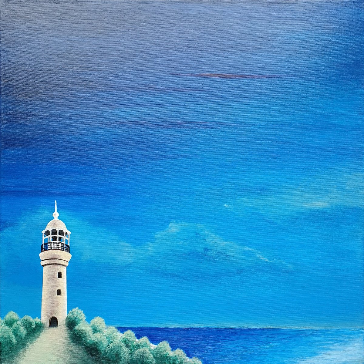 Impressionistic Landscape Acrylic Painting By Silvija Horvat, 20 X 20", Lighthouse #2, Original Artwork