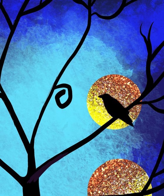 Birds of a Feather tree bird pictures online art for living room in a3 blue edition