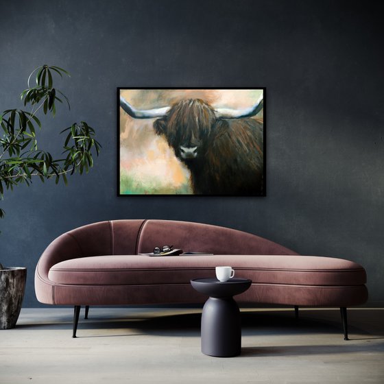 Scottish Highland Cow Portrait, 70x100cm, Oil Painting, Breathtaking Detail, Rustic Charm, Perfect Wall Art for Nature Lovers