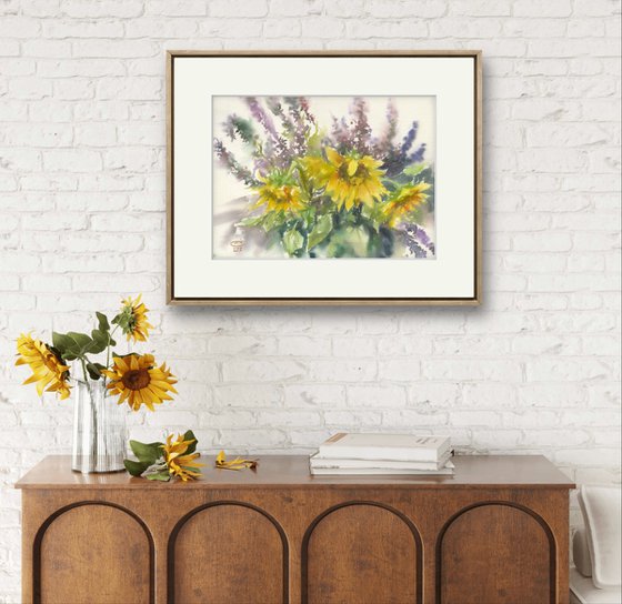Still life with sunflowers and sage.
