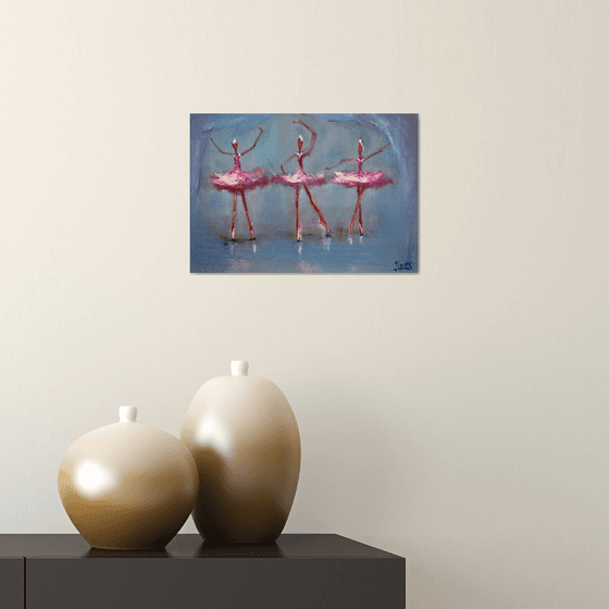 Funny pink ballerinas. Miniature  impasto oil