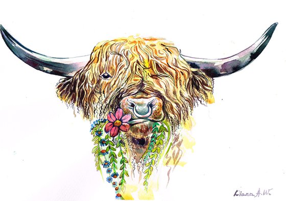 Highland Moo Cow with Spring Flowers
