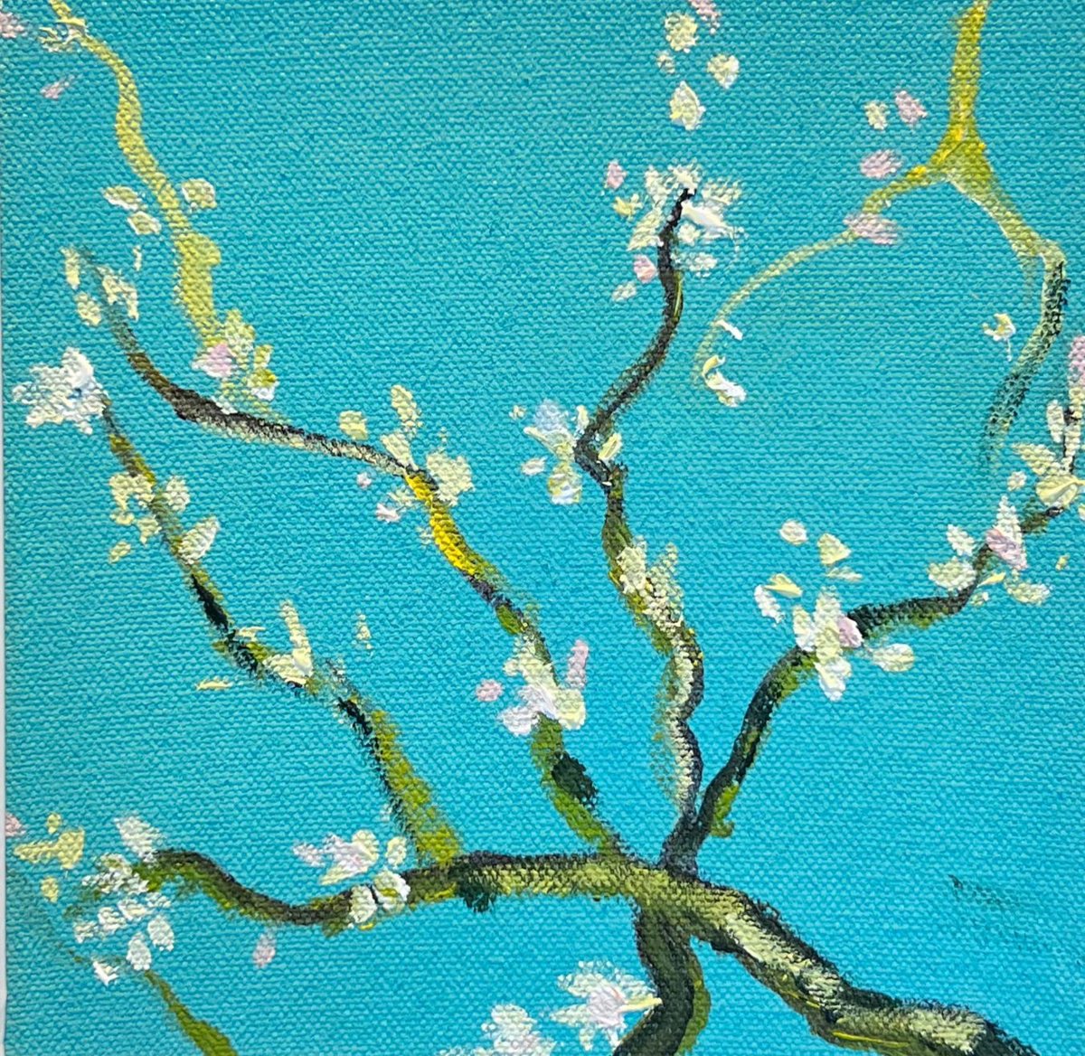 Impressionistic Botanical Acrylic Painting By Shabs Beigh, 12 X 12", Almond Blossoms, Original Artwork