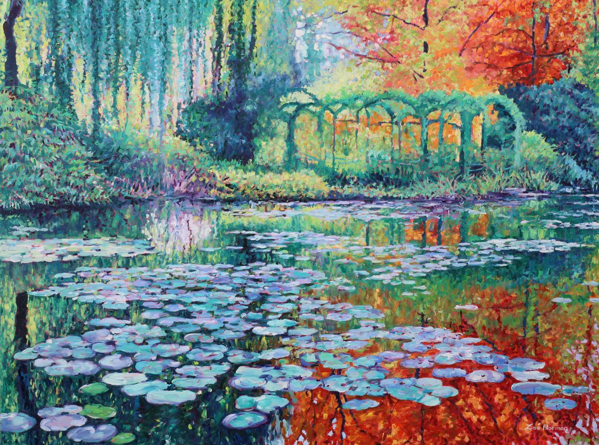 Impressionistic Landscape Oil Painting By Zoe Elizabeth Norman, 40 X 30", Waterlily Pond Reflections - Giverny, Original Artwork
