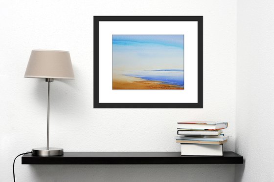 CALM BEACH BLUE SEA SKY. Impressionistic Original Seascape Watercolour Painting.