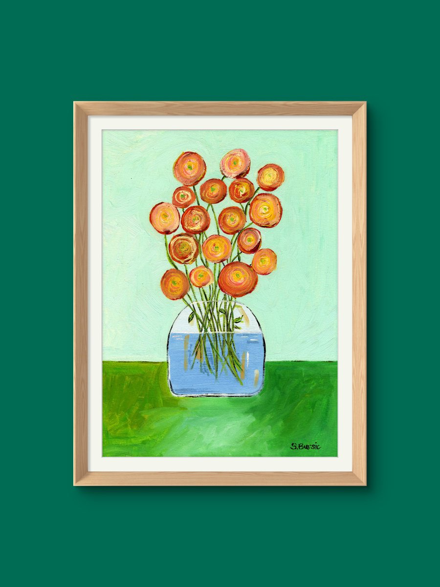 Vase With Red Orange Flowers By Sharyn Bursic, 11 X 15, Artwork For Sale On Artfinder
