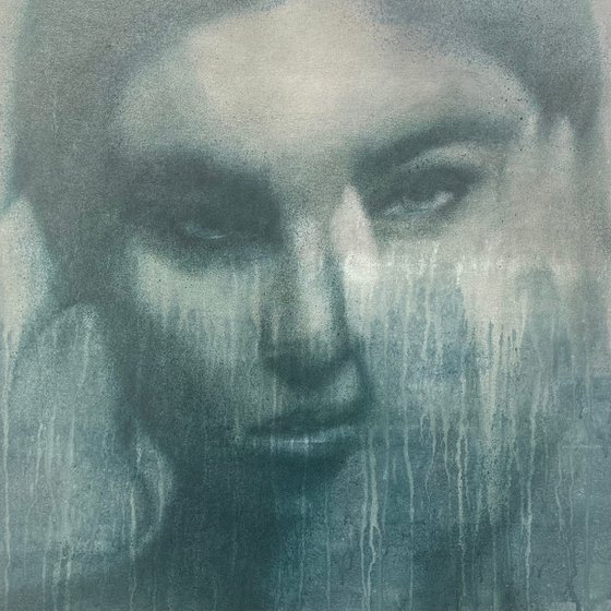 statement artpiece of strong looking fierce beautiful women in dark grey brown blue colors. Oil painted in splatters on canvas