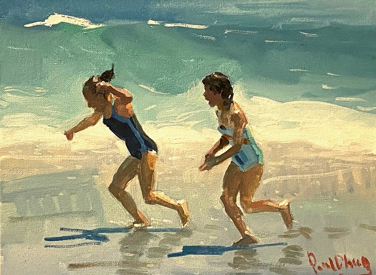 Impressionistic Landscape Oil Painting By Paul Cheng, 12 X 9", Beach Girls #20, Original Artwork