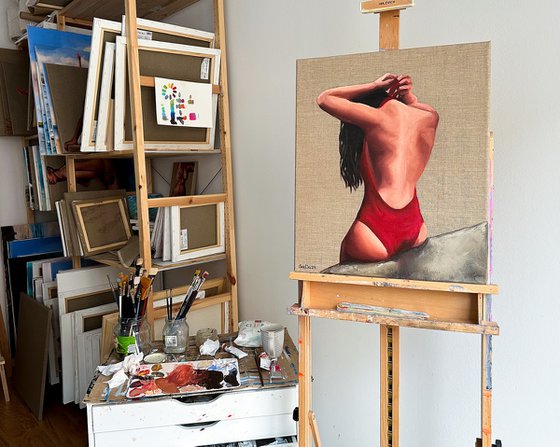 Girl in Red Swimsuit - Woman on Beach Female Figure Painting