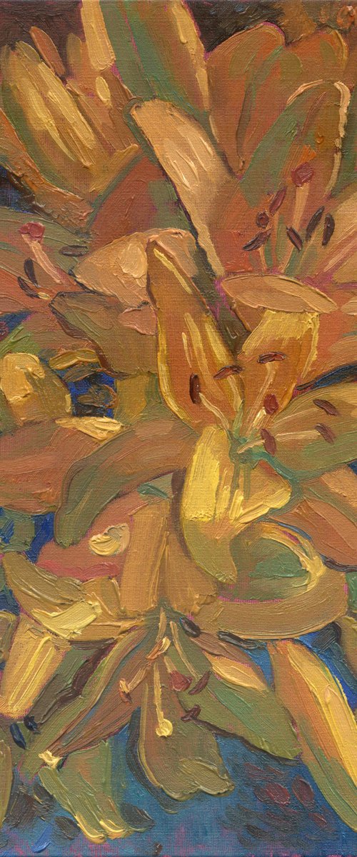 Golden lilies painting by Julia Logunova